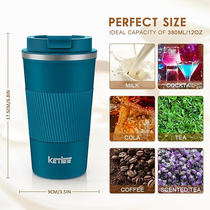 KETIEE Travel Coffee Mug 12oz: Insulated Coffee Cup with Leakproof Lid, Coffee Tumbler, Reusable Coffee Cups with Seal Lid, Vacuum Stainless Steel Coffee Mug to Go for Hot/Ice Coffee Tea (Blue)