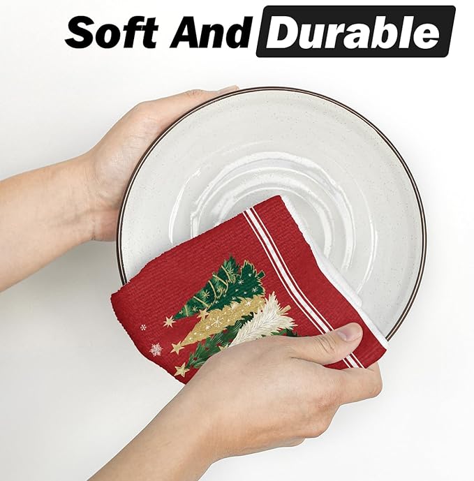 Artoid Mode Red Star Xmas Tree Merry Christmas Bar Kitchen Towels, 12x24 Inch Quick Dry Microfiber Cloth Dish Towels for Kitchen Drying Set of 2