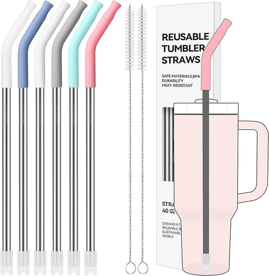 6 Pcs Metal Reusable Straws for 40 oz Tumbler, Stainless Steel Long Drinking Straw with Colourful Silicone Tips,Straw for Glass Cups, Cleaning Brushes Included, BPA FREE