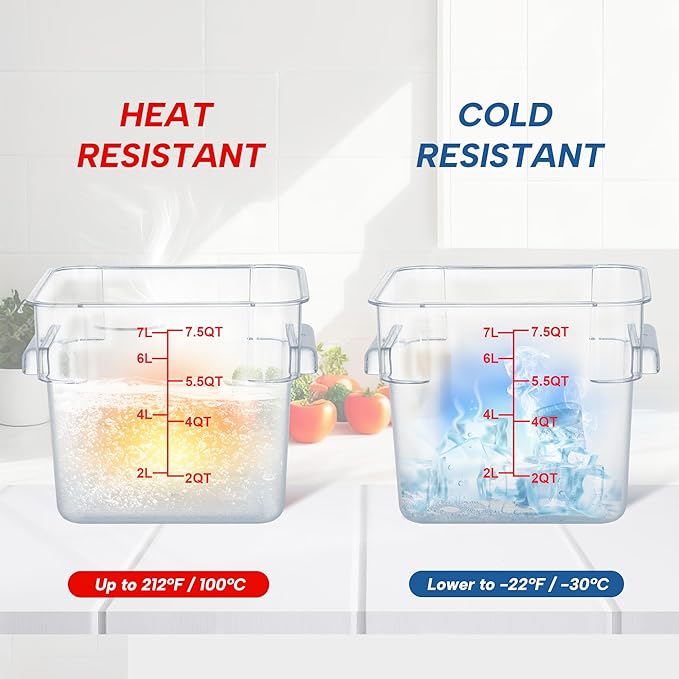 4 Pack Food Storage Containers, 8 Quart with Lids, Square Commercial Containers with Scale, Clear NSF Food Organizing, Polycarbonate