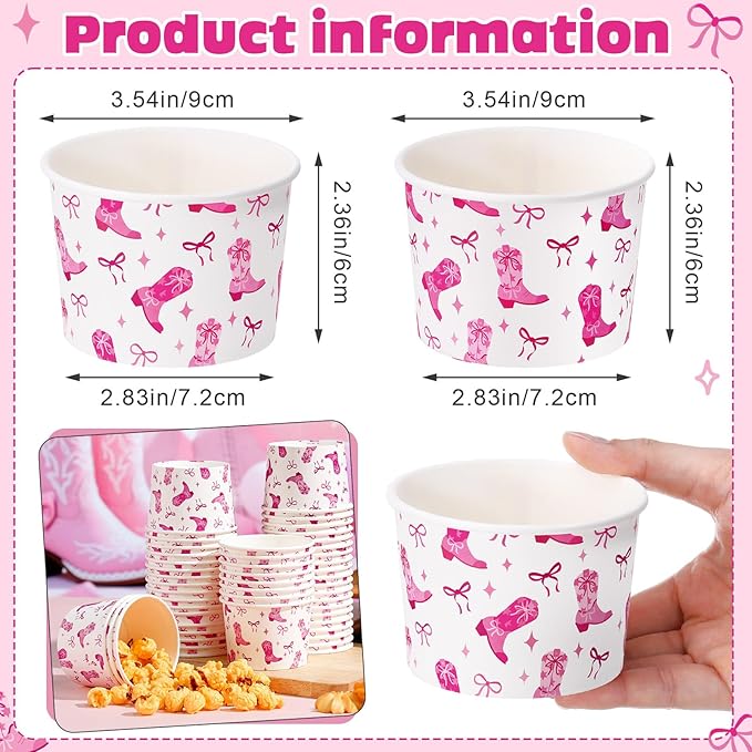 50 Pack Western Pink Cowgirl Ice Cream Cups 9 oz Disco Cowgirl Disposable Dessert Bowls Bow Paper Soup Bowls for Hot or Cold Food for Western Baby Shower Wedding Birthday Bachelorette Party