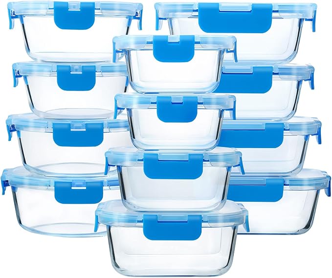 24-Piece Glass Food Storage Containers with Upgraded Snap Locking Lids,Glass Meal Prep Containers Set - Airtight Lunch Containers, Microwave, Oven, Freezer and Dishwasher, Blue
