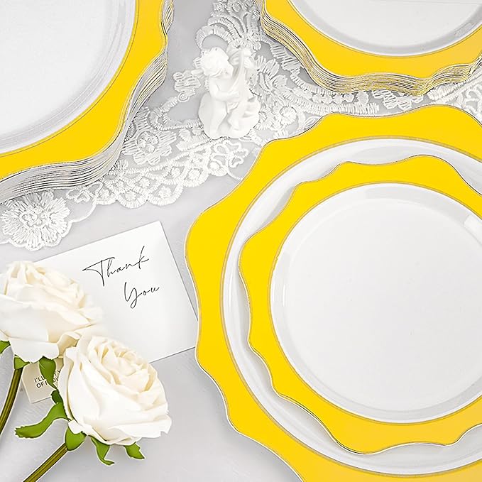100 PCS White and Yellow Disposable Plates for 50 Guests, Scalloped Plastic Plates Include 50 Dinner Plates and 50 Dessert Plates for Party, Wedding