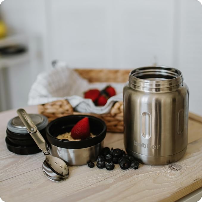 BOBBER 24 Oz Stainless Steel Thermos Food Jar with Folding Spoon and Extra-Wide Mouth – Insulated Soup Thermos for Hot Food, Keeps Hot for 14 Hours and Cold for 20 Hours (Glossy)