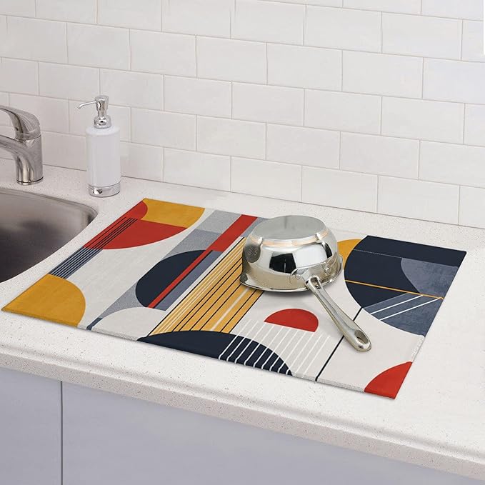 Boho Geometry Dish Drying Mat for Kitchen Counter Microfiber Super Absorbent Non-Slip Dish Drying Pad for Countertops Dishes Utensils Stylish Quick-Dry Machine Washable 18x24 Inch