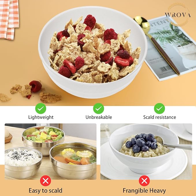 Wrova Wheat Straw Bowls Set 60 OZ, Unbreakable Large White Bowls Set of 6, Microwave and Dishwasher Safe Big Cereal Bowl for Dorm and Apartment, Salad Bowl for Serving Oatmeal and Popcorn (White)