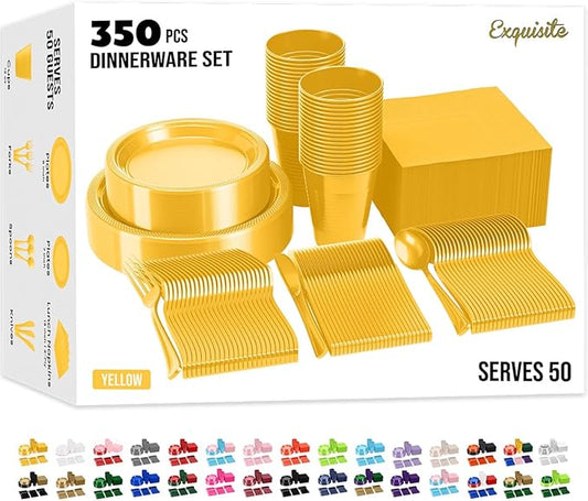 Party Solids 350 Pieces Yellow Plastic Plates For Party, Yellow Disposable Plates Set, 50 Of Each 9" Dinner Plate Set, 7" Dessert Plate, Cups, Napkins & Cutlery Plastic Dinnerware