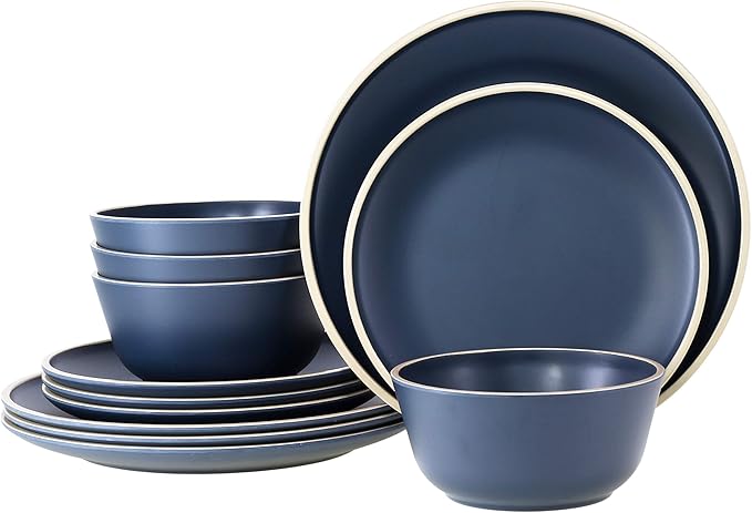 Melamine Dinnerware Sets for 4, Plates and Bowls Sets 12 Pcs, Melamine Plates, Nautical Dinnerware Sets, Modern Style,Dishwasher Safe, BPA Free, Suitable Indoor and Outdoor Use (Deep Blue)