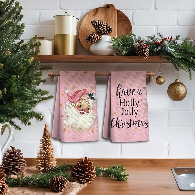 Pink Kitchen Accessories,Pink Kitchen Towels,Christmas Santa Claus Dish Towels Set of 2,Hand Towels for Bathroom,Gifts for Women,Housewarming Gifts 16×24 Inches