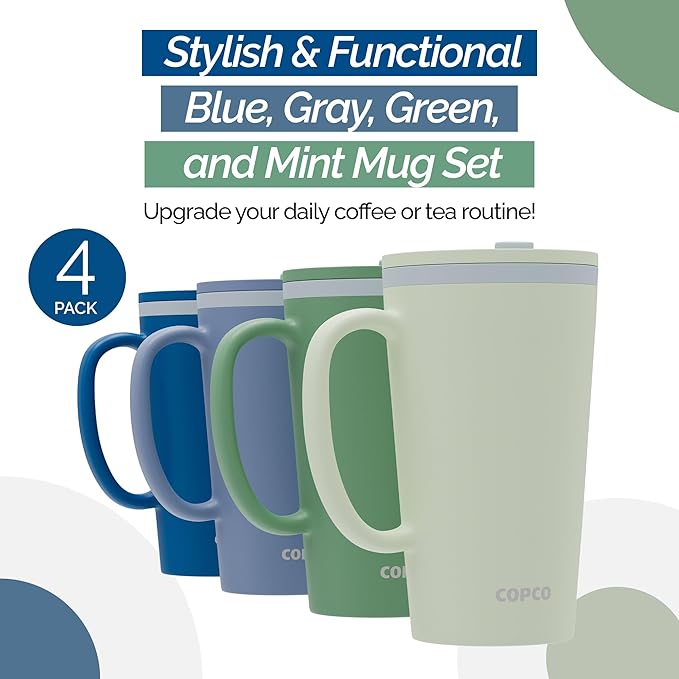Copco Cone Travel Coffee Mug, 16 oz (Set of 4) - Insulated Drinkware with Spill-Proof Lid and Handle, Microwave & Dishwasher Safe - BPA-Free, Compact for Desk & Cup Holder Friendly (Assorted Colors)