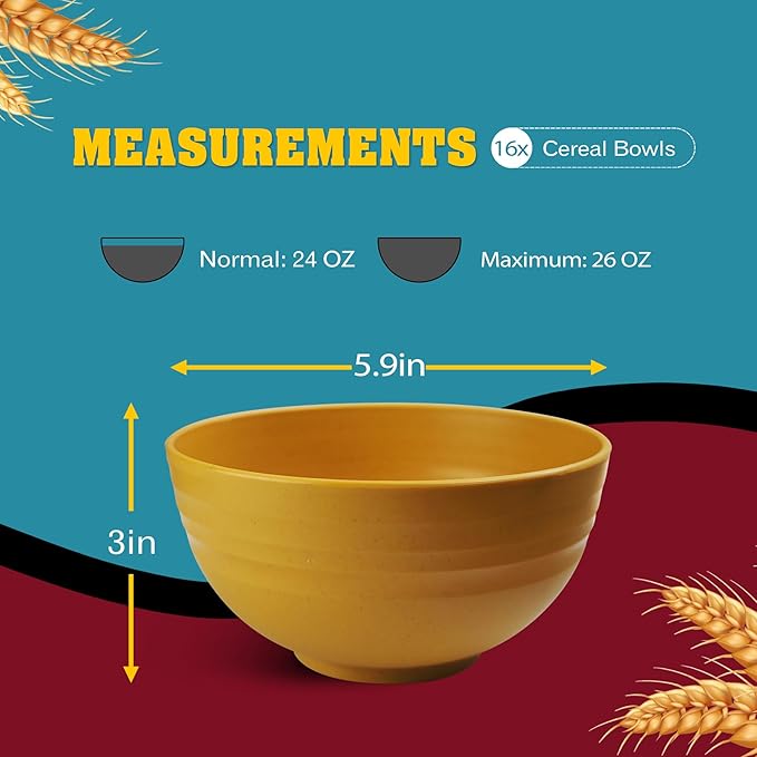 Teivio 16-Piece Cereal Bowls,26oz Wheat Straw Bowls Set, Unbreakable Durable Plastic Bowls for Kitchen, Camping, Kids Salad Snack Bowl Reusable,Dishwasher Safe, Multicolor