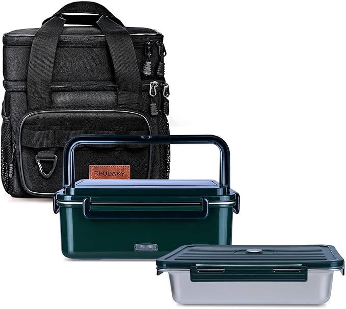 60oz Electric Lunch Box Food Heater, Heated Lunch Box for Adults Men, 12v/24v/110v Portable Food Warmer 80W Self Heating Lunchbox for Work Car Truck With Insulated Lunch Bag