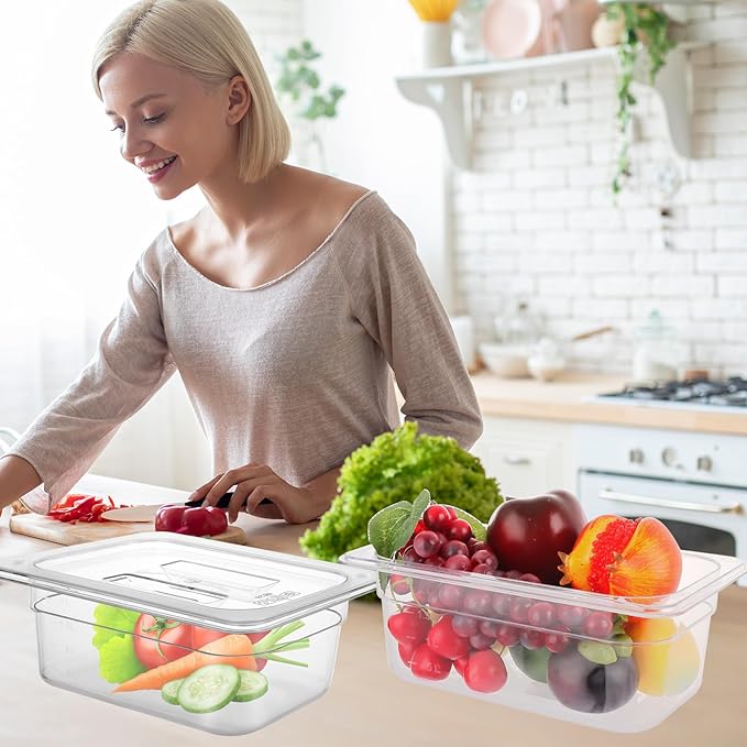 6 Pack 1/4 Size Plastic Clear Food Pan with Lid, 4 Inch Deep Commercial Stackable Polycarbonate Pan with Capacity Indicator, Acrylic Food Container Hotel Pans for Kitchen Restaurant