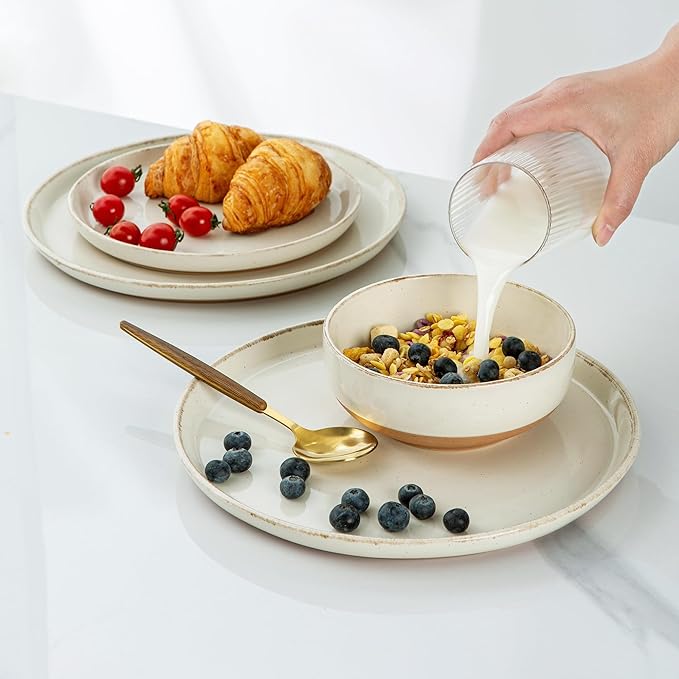 AmorArc Ceramic Dinnerware Sets for 4, 12 Pieces Handpainted Plates and Bowls Set with Rustic Terracotta Underside, Scratch Resistant Stoneware Dishes Set, Dishwasher & Microwave Safe, Beige