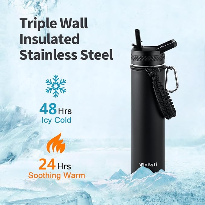 24 oz Insulated Water Bottle with Straw (Cold for 48 Hrs), Stainless Steel Triple Wall Vacuum Sports Water Jug, Leakproof Hydro Cup Flask with Paracord Handle & Straw Spout Lids & DIY Stickers