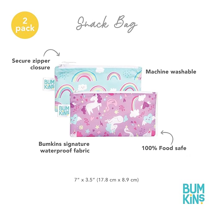 Bumkins Reusable Snack Bags, for Kids School Lunch and for Adults Portion, Washable Fabric, Waterproof Cloth Zip Bag, Supplies Travel Pouch, Food-Safe, 2-pk Unicorns and Rainbows