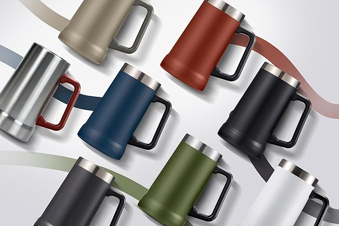 KooK Beer Stein, Stainless Steel Coffee Mug, Tumbler with Thermal Vacuum Insulation, Double Walled Drinking Cup, Large Handle, Shatterproof, Taupe, 23.7 oz