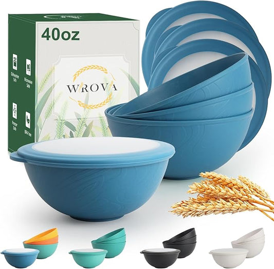Wrova wheat straw bowls with lids set of 4, 40oz cereal bowls with covers,unbreakable salad container for lunch, dishwasher safe bowl sets for kitchen. Blue