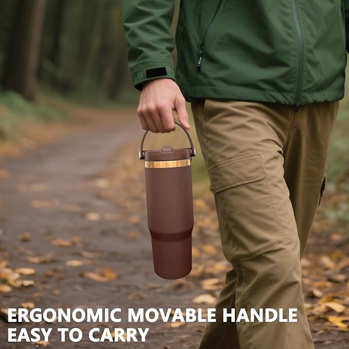 30 oz Tumbler with Handle and Straw, Vacuum Insulated Tumblers with Flip Straw and Top Handle, Leakproof Powder Coated Tumbler, Stainless Steel Travel Mug for Coffee Water (Browm, 1Pack)