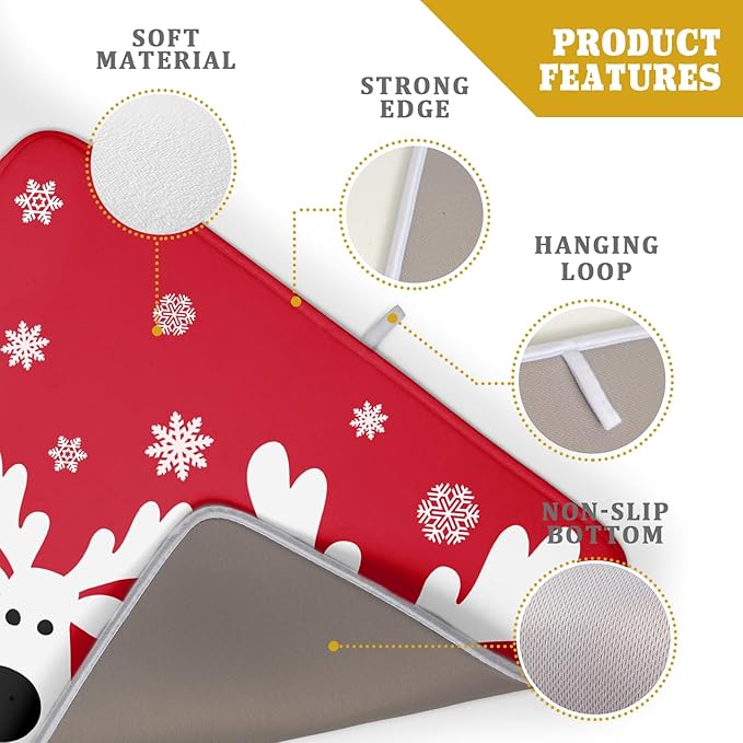 Christmas Dish Drying Mat for Kitchen Counter Cute Reindeer Winter Microfiber Absorbent Dish Draining Reusable Washable Foldable Extra Large 18"x24"