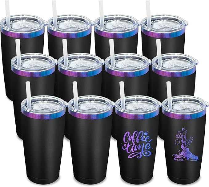 20 oz Tumbler Bulk 12 Pack Stainless Steel Tumblers with Lids and Straws, Double Wall Vacuum Insulated Travel Coffee Mug for Laser Engrave, Powder Coated Cups for Hot and Cold Drinks (Black,12 pack)