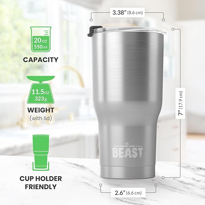 Beast 20 oz Tumbler Stainless Steel Vacuum Insulated Coffee Ice Cup Double Wall Travel Flask (Stainless Steel)
