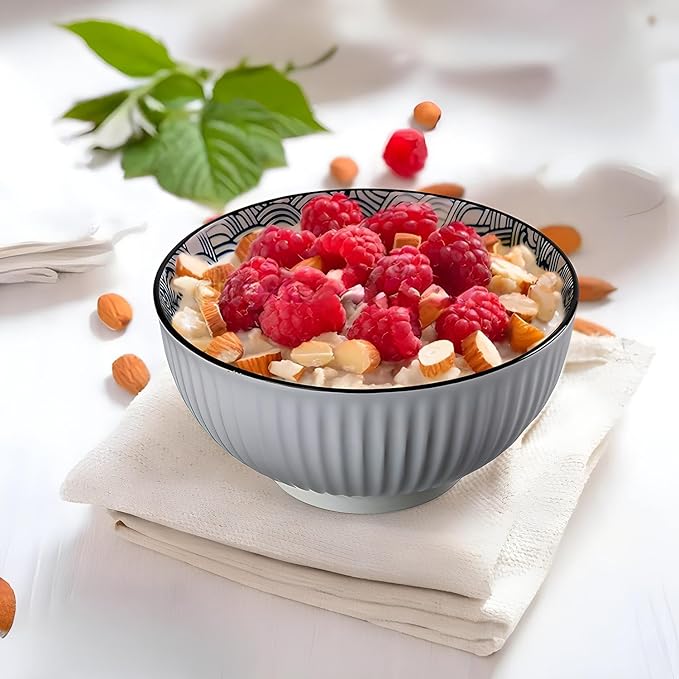 QINLANG 6 Inch Blue and White Porcelain 30 oz Bowls Set of 6 for Soup, Cereal, desserts, ice cream and Rice - Wave Pattern