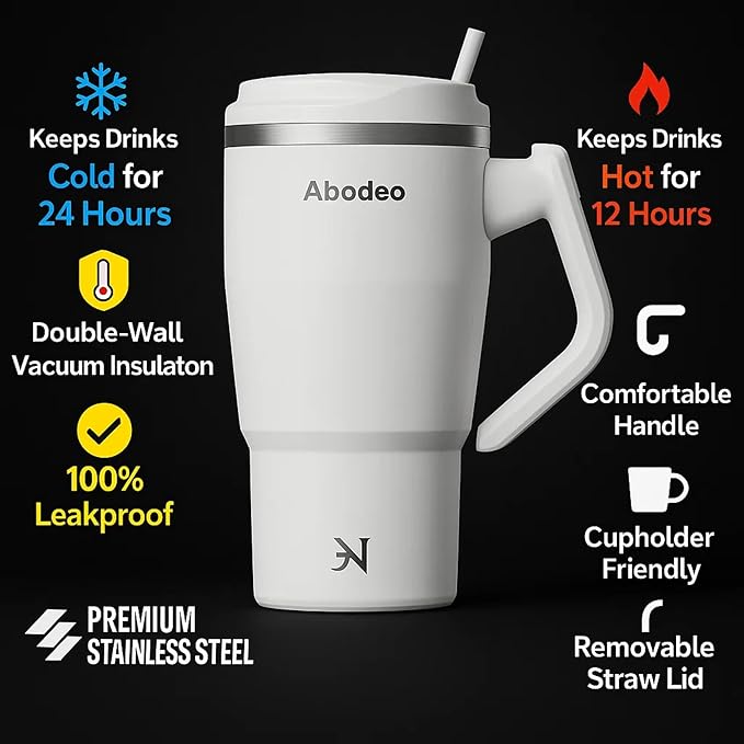 40 oz Insulated Coffee Tumbler with 360° Rotating Handle – Stainless Steel Travel Mug with Straw & Leakproof Lid– Fits Most Car Cup Holders, Hot & Cold Drinks (White)