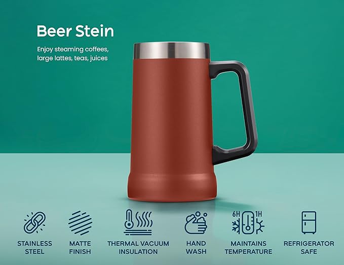 KooK Beer Stein, Stainless Steel Coffee Mug, Tumbler with Thermal Vacuum Insulation, Double Walled Drinking Cup, Large Handle, Shatterproof, Dark Terracotta, 23.7 oz