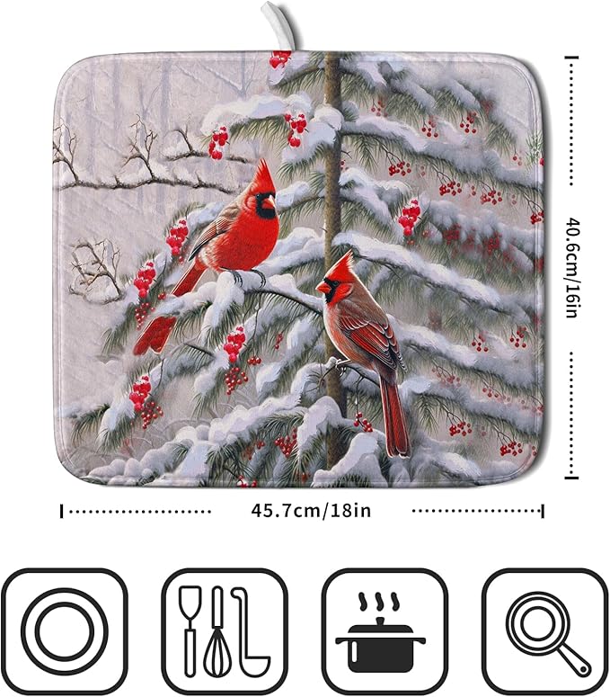 Red Birds Dish Drying Mat Winter Berry Dish Drainer Mats Absorbent Reversible Microfiber Kitchen Countertop Protector Dishes Pad 16x18 inch