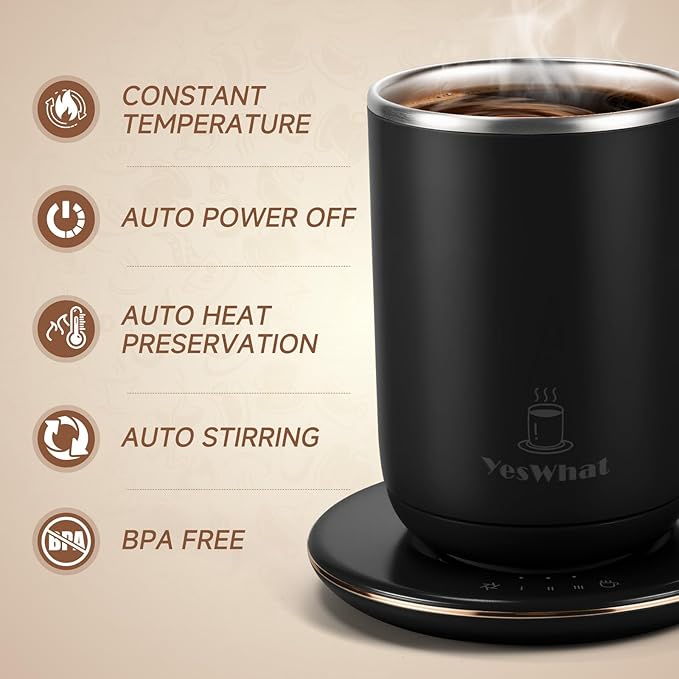Temperature Control Self Stirring Coffee Mug with Lid, Automatic Heated Coffee Milk Cocoa Cup, Black 11 oz Smart Stainless Steel Mug Warmer with USB Type-C