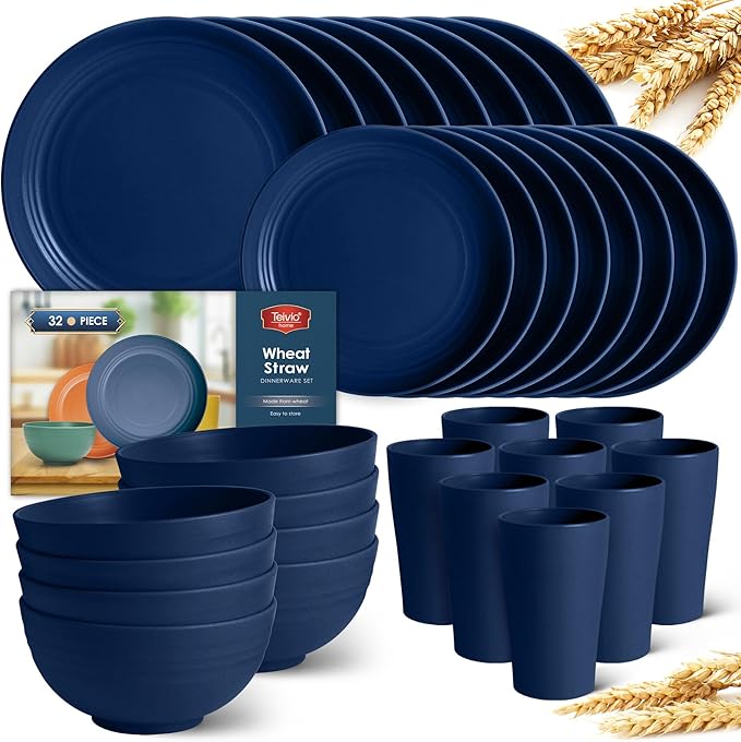 Teivio 32-Piece Kitchen Plastic Wheat Straw Dinnerware Set, Service for 8, Dinner Plates, Dessert Plate, Cereal Bowls, Cups, Unbreakable Colorful Plastic Outdoor Camping Dishes, Midnight Blue