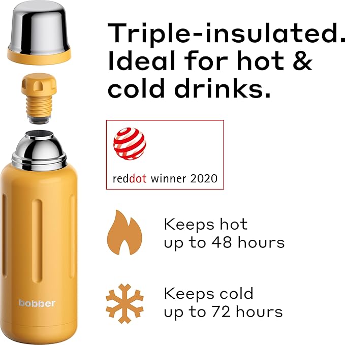 Bobber - 34 oz Vacuum Insulated Stainless Steel Water Bottle with Cup Lid - Dishwasher Safe - Keeps Drinks Hot for 48 Hours and Cold for 72 Hours - Triple Walled Thermo Flask (Ginger Tonic)