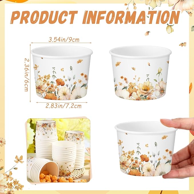 50 Pack Fall Floral Treat Snack Cups Autumn Flowers Paper Ice Cream Cups 9 oz Watercolor Flower Disposable Dessert Bowls for Hot or Cold Food Fall Wedding Baby Shower Birthday Party Supplies