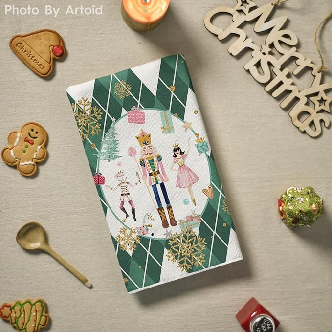 Artoid Mode Green Nutcrackers Tree Christmas Kitchen Towels Dish Towels, 18x26 Inch Gift Box Snowflake Winter Decoration Hand Towels Set of 2