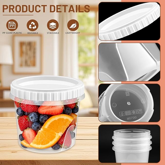 10 Pack 24oz Reusable Small Plastic Containers with Screw Lids, Small Food Storage Freezer Containers, Deli Containers Stackable Food Storage Jars, Sauce Condiment Jars Lunch Box Accessories