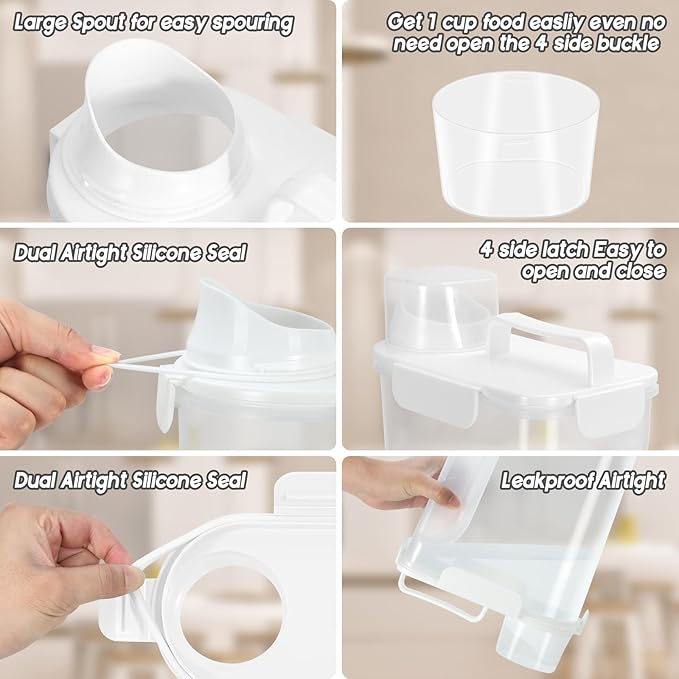 5-7Lbs Dog Cat Food Storage Container with Upgraded Large Nozzle BPA-free, 4 Snap Seals Plastic Pet Food Storage Containers with Handles (1, White, 5L)