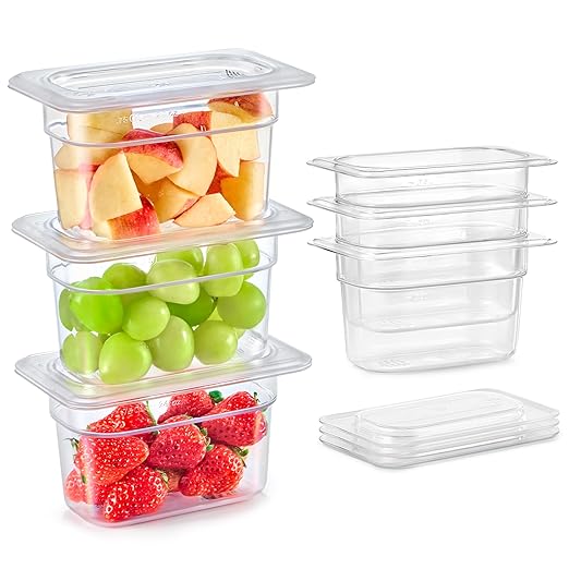 WILPREP 6 Pack Plastic Food Pans with Lids, 1/9 Size 4 in Deep Clear Food Storage Containers, 1.1 qt Stackable Polycarbonate Commercial Hotel Pans for Fruits Vegetables Beans Corns, NSF Listed