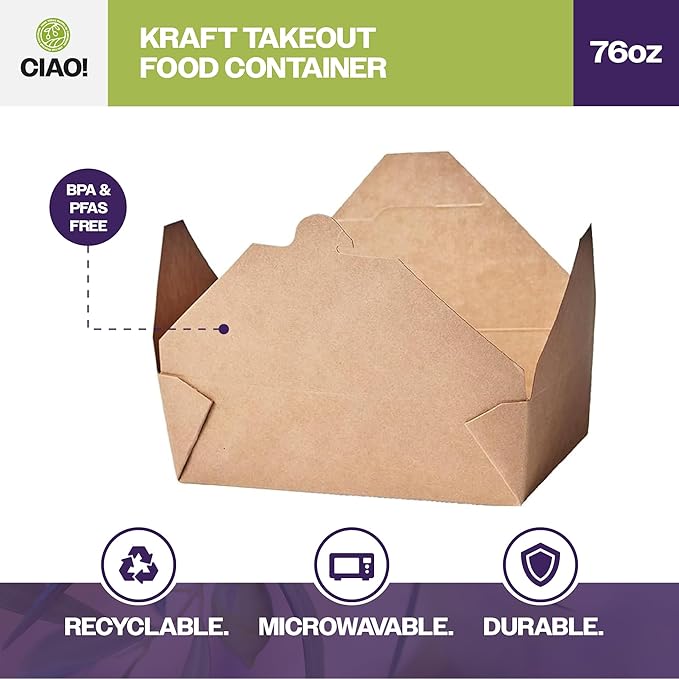 CIAO! Kraft Take Out Microwavable Food Containers, 76 oz No. 3 (200/case)