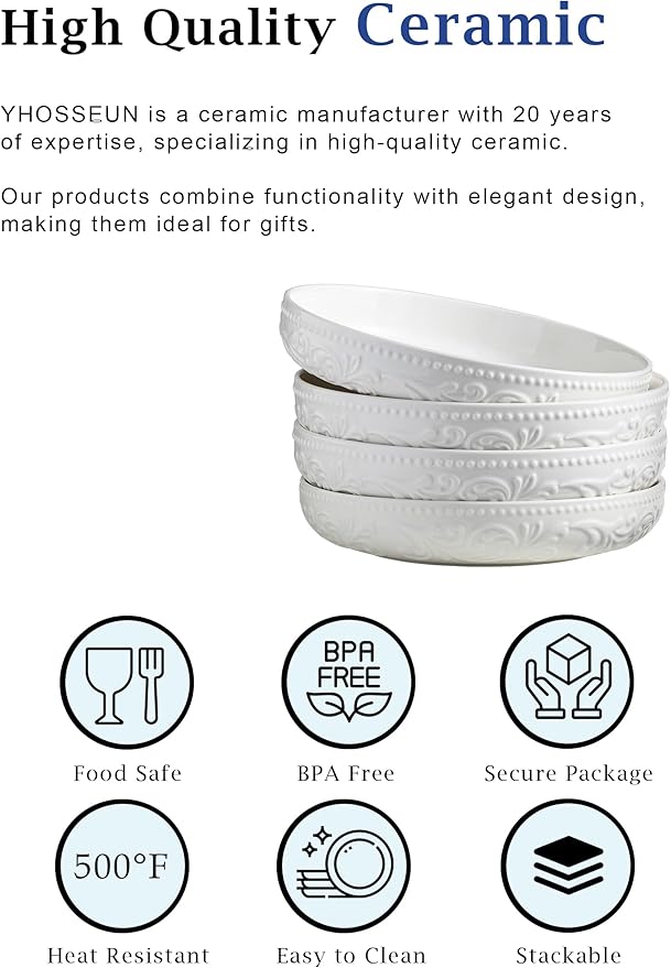 YHOSSEUN Ceramic Pasta Bowls Set of 4, 50 OZ Large Salad Serving Bowl, 9.75" Pasta Plates Shallow Bowl Plate, Microwave Dishwasher Safe, Embossed Morning Glory
