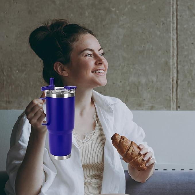 30oz Tumbler with Handle, Insulated Leak Proof Coffee Travel Mug with Straw Lid Double Wall Stainless Steel Vacuum Tumblers Metal Cup Keep Hot and Iced Drink for Gym, Office, Camping, Blue 1 Pack