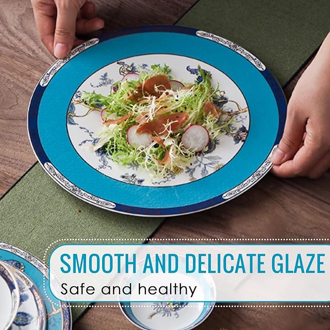 ACMLIFE Bone China Dinnerware Set for 4, 12-Piece Vintage Floral Dinnerware Set, Kitchen Plates and Bowls Set, Christmas Gifts for Women (Blue)