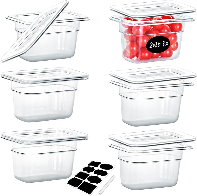 6 Pack NSF Food Pans with Lids, 1/9 Size 4'' Deep Commercial Food Storage Containers, Polycarbonate, Clear