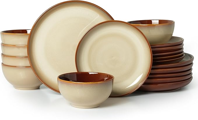 Ceramic Dish Set for 6, 18 Piece Dinnerware Set for Small to Medium Families, Reactive Glaze Design, Dishwasher & Microwave Safe, Brown Yellow