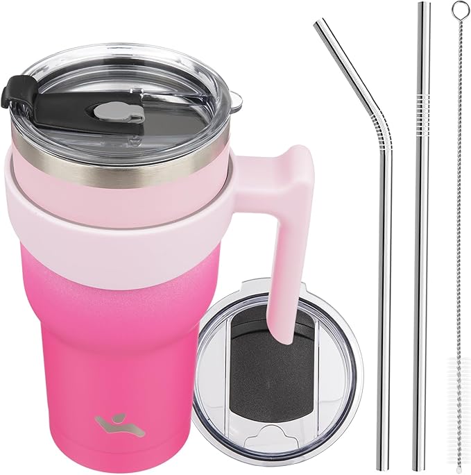 30 oz Tumbler with Handle and 2 Straw 2 Lid, Insulated Water Bottle Stainless Steel Vacuum Cup Reusable Travel Mug, Cherry