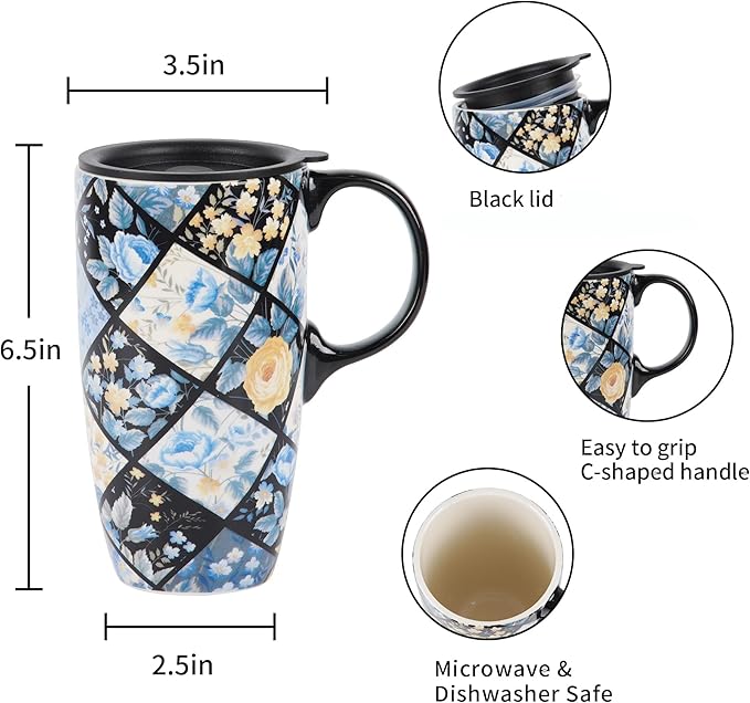 Topadorn Ceramic Mug Porcelain Latte Tea Cup Coffee Mug with Gift Box 17oz.Plaid Flower