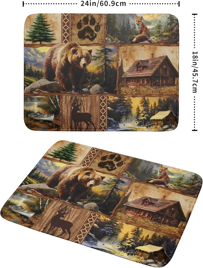 Bear Deer Fox Dish Drying Mat Rustic Cabin Lodge Dish Drainer Mats 18x24 Inch Absorbent Washable Dishes Rack Pad for Sink Kitchen Counter