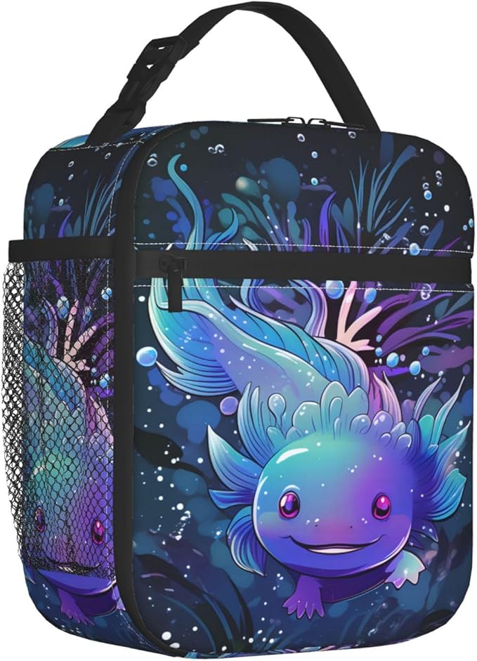 Axolotl Lunch Box for Kids,Cute Animal Insulated Bag for Student,Dark Blue Reusable Thermal Insulation Cooler Tote Bags for School Work Picnic Camping Outdoor Gifts