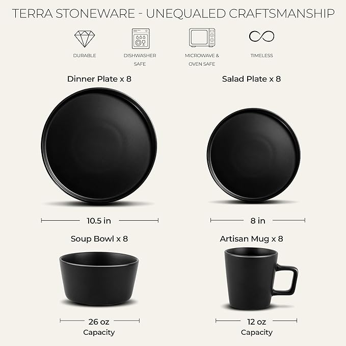 Zulay Kitchen Terra Stoneware 32-Piece Dinnerware Set, Artisanal Ceramic Plates and Bowls Set Crafted at 2300℉ - Service for 8, Black Matte