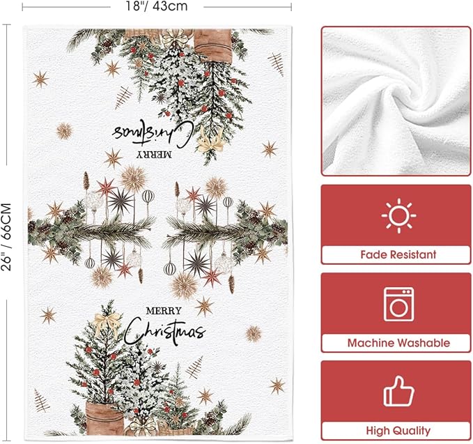 Artoid Mode Beige Xmas Tree Merry Christmas Kitchen Towels Dish Towels, 18x26 Inch Holiday Gloves Ball Hello Winter Decoration Hand Towels Set of 4